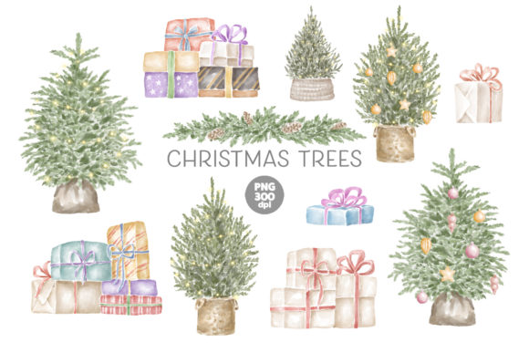 Christmas Trees Watercolor Clipart for Illustrations