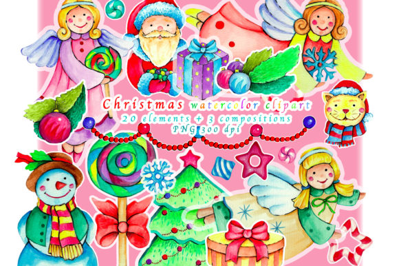 Christmas Watercolor Clipart. Angels Illustrations