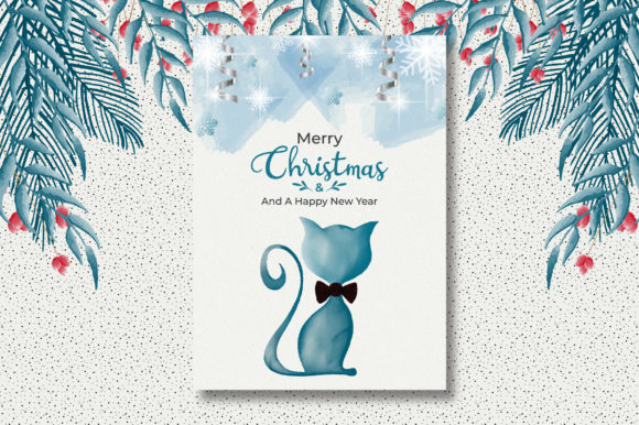 Merry Christmas Watercolor Card with Cat Illustration