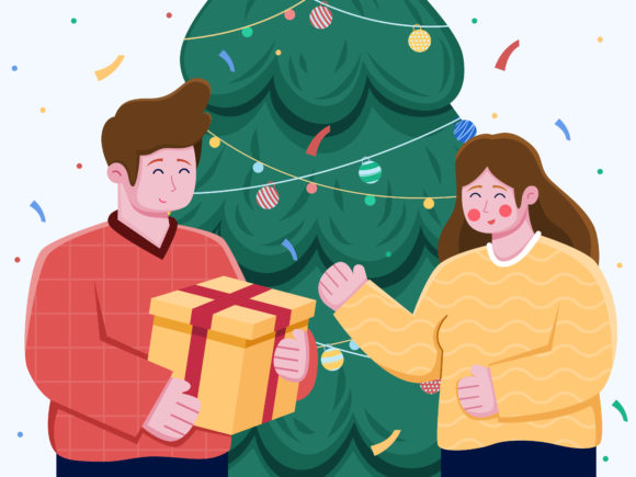 People Giving a Christmas Present Illustration for Branding