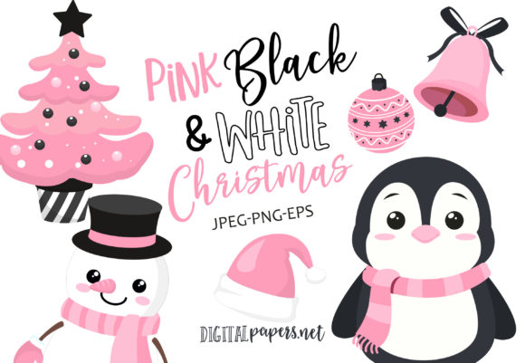 Pink, Black White Christmas Illustration